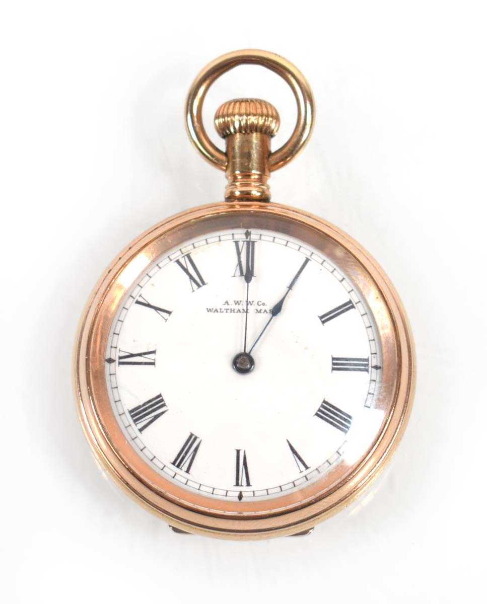 Lot 467 - A gold plated open face fob watch by Waltham,...