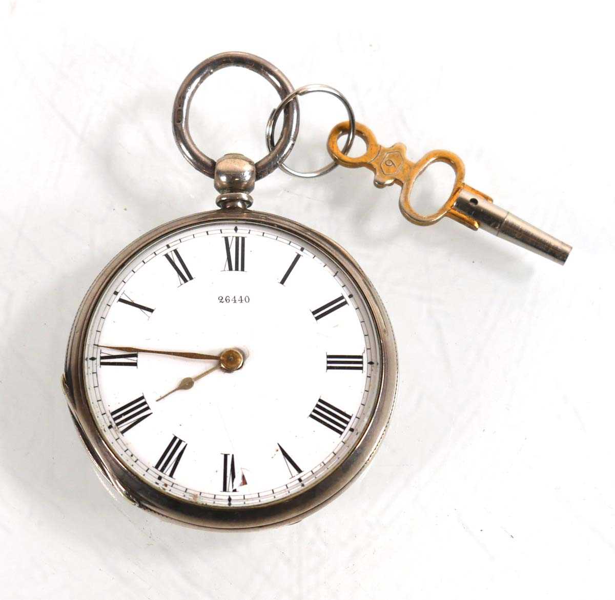 Lot 466 - A silver open face fob watch, the white enamel...