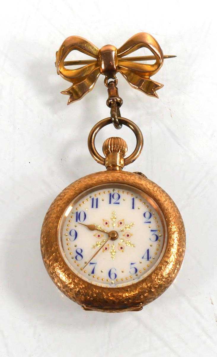 Lot 469 - A 14ct yellow gold open face fob watch, the...