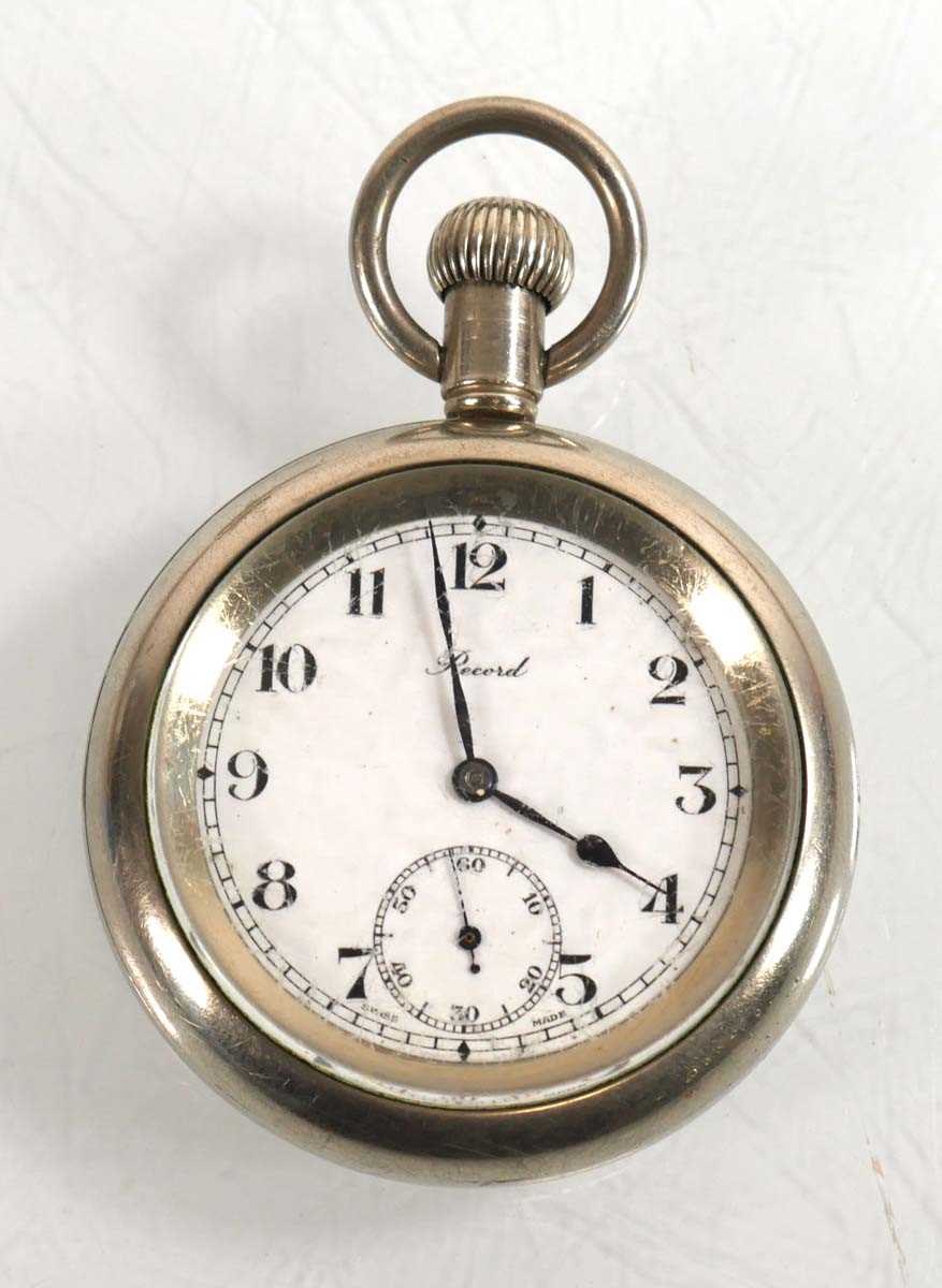 Lot 472 - A base metal open face pocket watch by Record,...