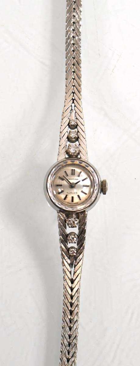 Lot 438 - A ladies 18ct white gold wristwatch by Certina,...