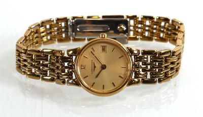 Lot 445 - A ladies gold plated wristwatch by Longines,...