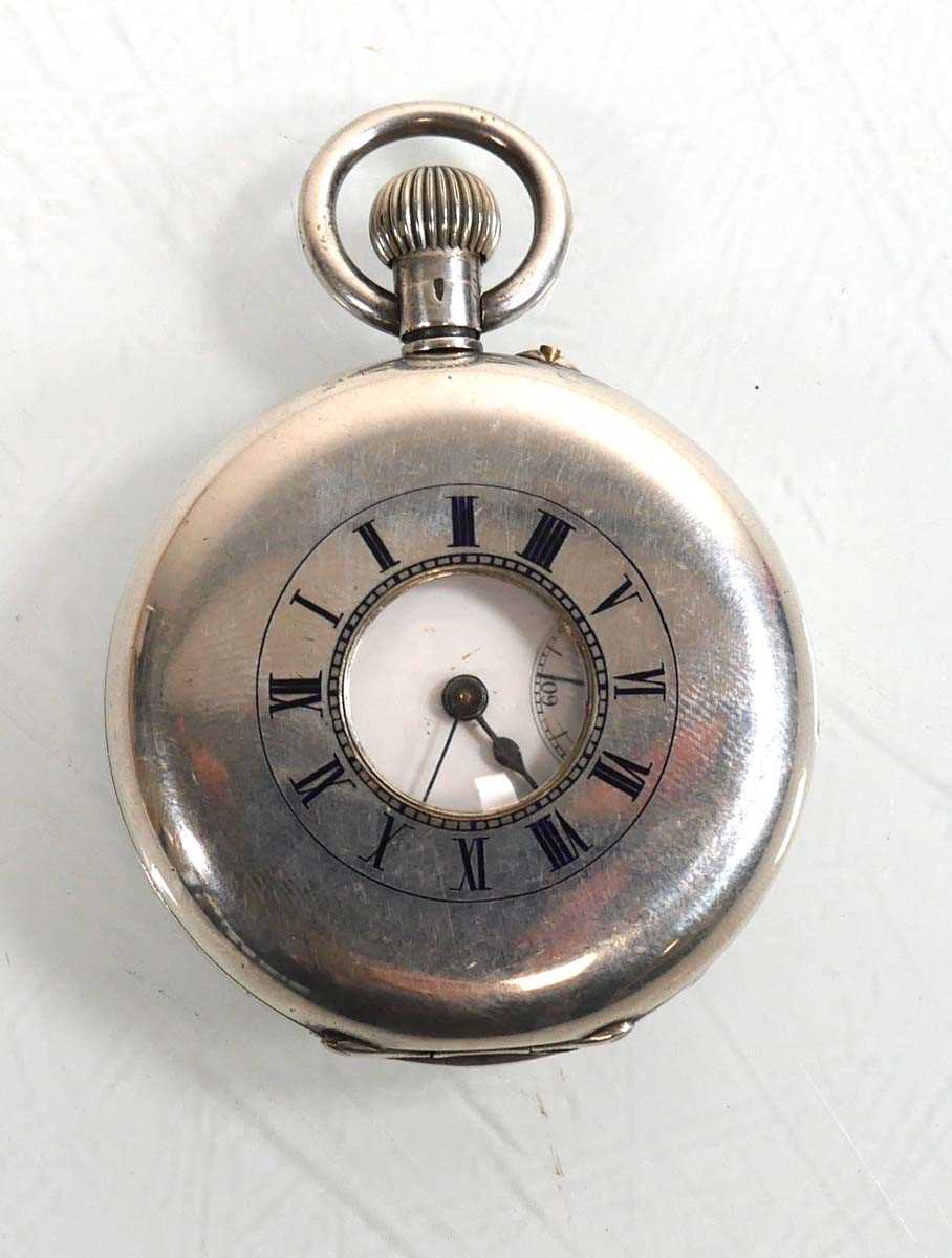 Lot 478 - A silver half hunter pocket watch, the white...