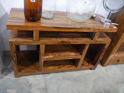 Lot 1065 - Modern Indian Gum shelving unit with 2 lower...