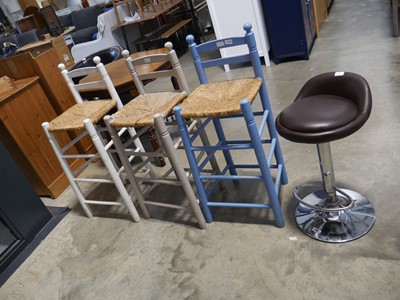 Lot 1110 - 3 wooden rush seated bar height stools and an...