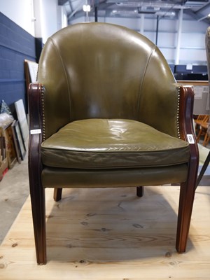 Lot 1123 - Wooden framed olive green leather upholstered...