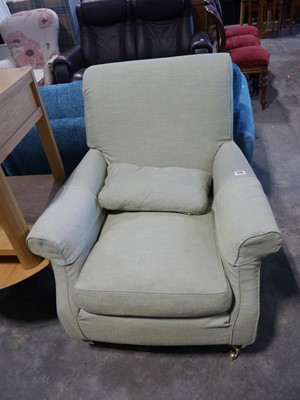 Lot 1128 - Pair of green upholstered arm chairs on turned...