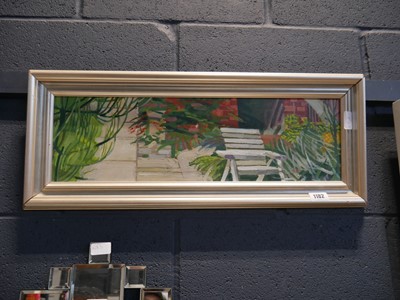 Lot 1182 - Framed painting of chair in garden with white...