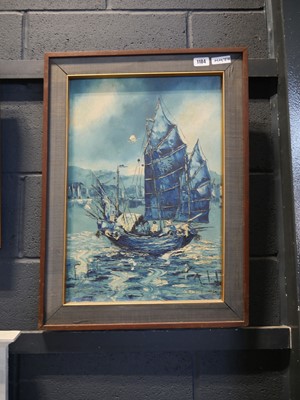 Lot 1184 - Framed painting of fishing boat signed, Thoon '78