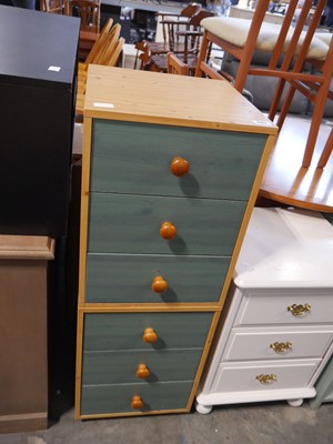 Lot 1143 - Pine effect 6 drawer tallboy with green fronts