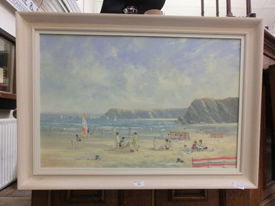 Lot 24 - A framed oil on canvas of beach scene signed...