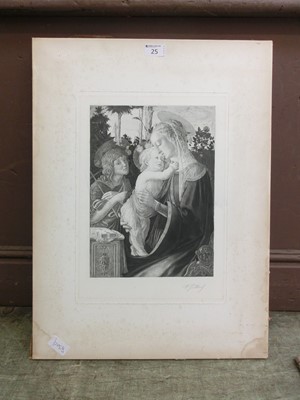 Lot 25 - An unframed etching of Madonna and Jesus...