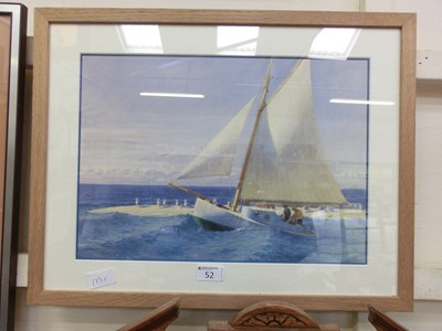Lot 52 - A framed and glazed print on fabric of sailing...