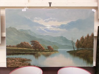 Lot 73 - An unframed oil on canvas of a lake scene...