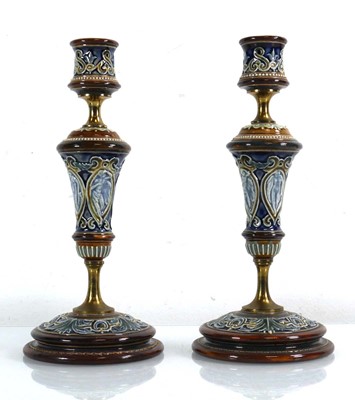 Lot 216 - A pair of Doulton Lambeth brass mounted...