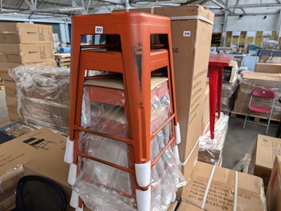 Lot 377 - 4 antique orange metal stacking bar stools,...