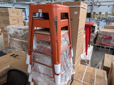 Lot 381 - 4 antique orange metal stacking bar stools,...