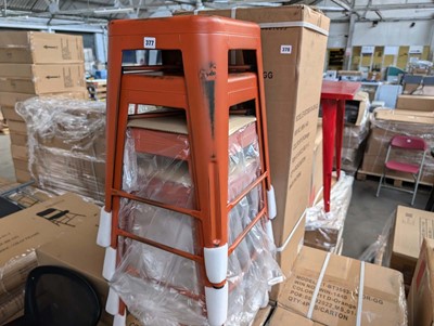 Lot 382 - 4 antique orange metal stacking bar stools,...