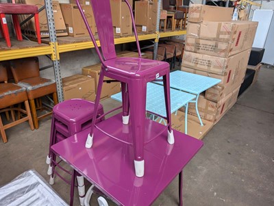 Lot 414 - 80cm square top purple metal table, 75cm tall...