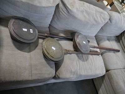 Lot 1078 - 3 wood handled copper bed warming pans
