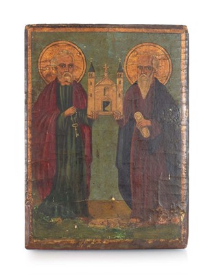 Lot 97 - A polychrome icon on panel depicting two...