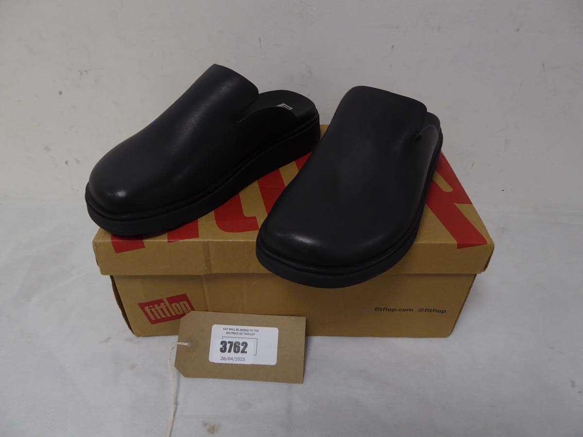 Lot 3762 - Boxed pair of Fitflop Leather Mules, black, UK 5
