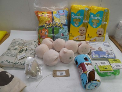 Lot 3618 - Pampers nappies, Pokémon cushion & throw,...