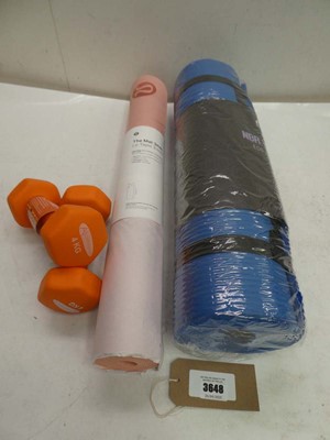 Lot 3648 - The Mat 3mm exercise mat, Yoga mat and 2 x 4kg...