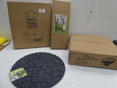 Lot 3671 - Square fire pit, 4 tier greenhouse, rose arch...