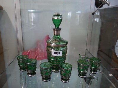Lot 1031 - Green glass and inlaid decanter and 6 glasses