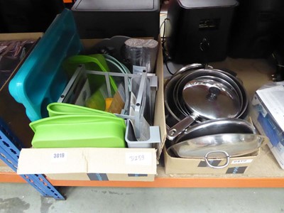 Lot 3019 - 2 boxes of pots, pans, dishracks, etc.