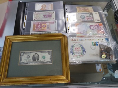 Lot 2371 - (3) Box containing bank notes, coins, first...