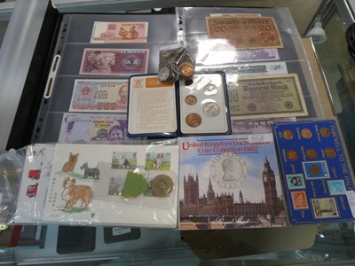 Lot 2372 - (2) Box containing bank notes, coins, first...