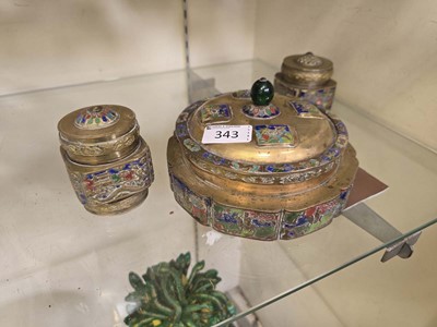 Lot 343 - A brass and enamelled circular pot along with...