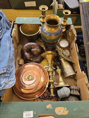 Lot 414 - A tray containing brass candlesticks,...