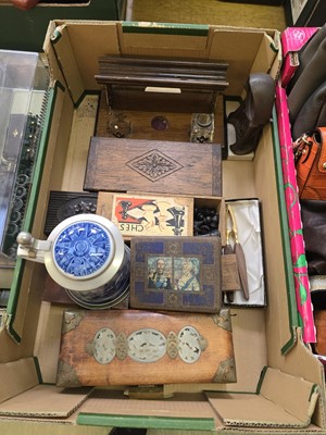 Lot 416 - A tray containing a desk tidy, a wooden chess...