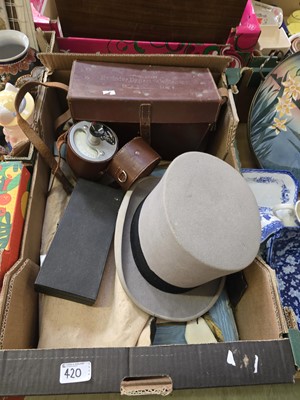 Lot 420 - A tray containing a top hat, leather box,...