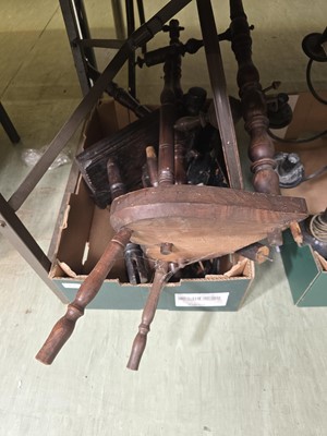 Lot 426 - A tray containing a part spinning wheel A/F