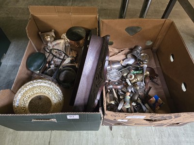 Lot 432 - Two trays containing metal wares, glass...
