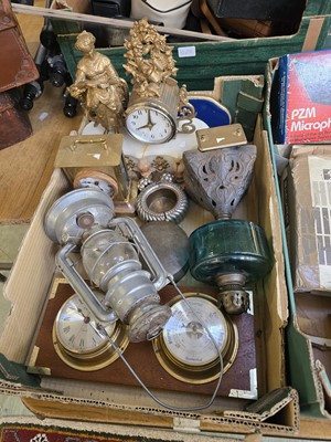 Lot 434 - A tray containing a part oil lamp, hurricane...
