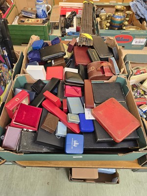 Lot 440 - Two trays of empty jewellery boxes, flatware...