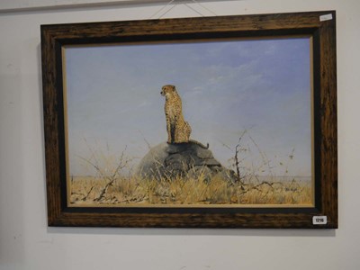 Lot 1216 - Wooden framed painting of leopard/Cheetah atop...