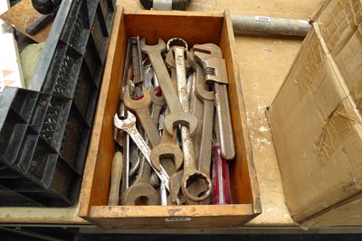 Lot 4536 - Wooden tray containing various spanners and...