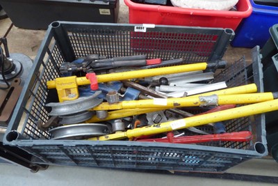 Lot 4651 - Plastic crate containing pipe benders, pipe...