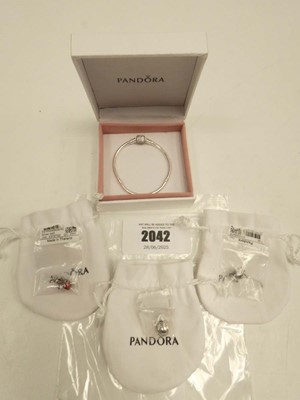 Lot 2042 - Pandora bracelet and 3x Pandora charms with...