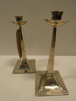 Lot 2070 - Pair silver Arts & Crafts candlesticks, James...