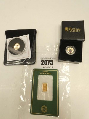 Lot 2075 - 1g 999.9 fine gold bar, 1/8 Sovereign 2024...