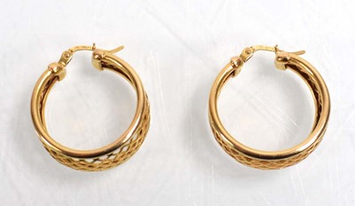 Lot 542 - A pair of 9ct yellow gold ear hoops of trellis...