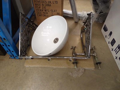 Lot 4333 - A ceramic basin with shelf, tap and bracket
