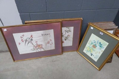 Lot 5034 - 3 Chinese silk embroideries, plus floral print